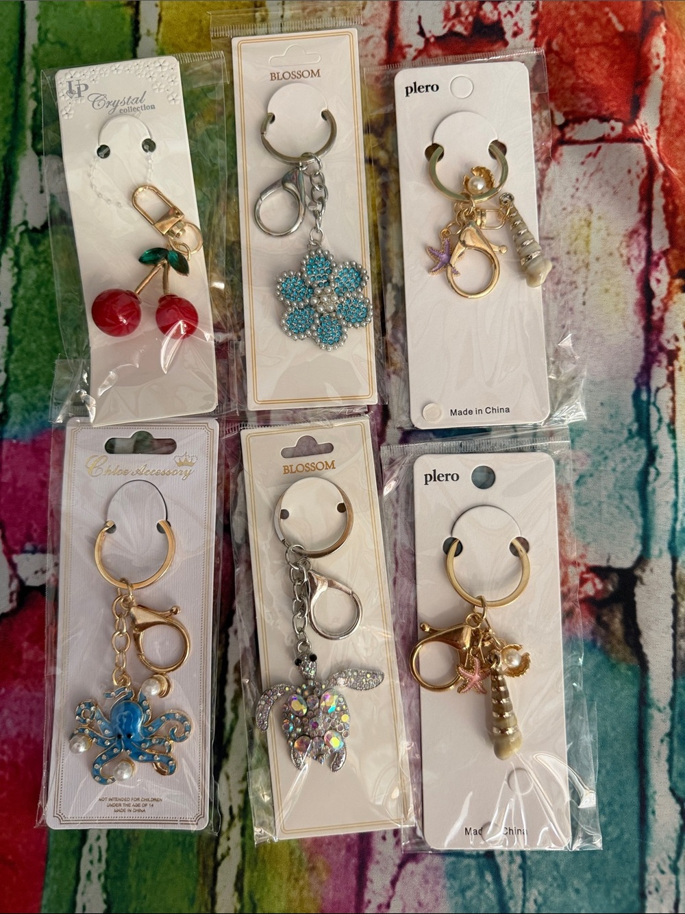 Assorted Women’s Keychain Charm - Gold Hardware with Colorful Charms 6 pieces